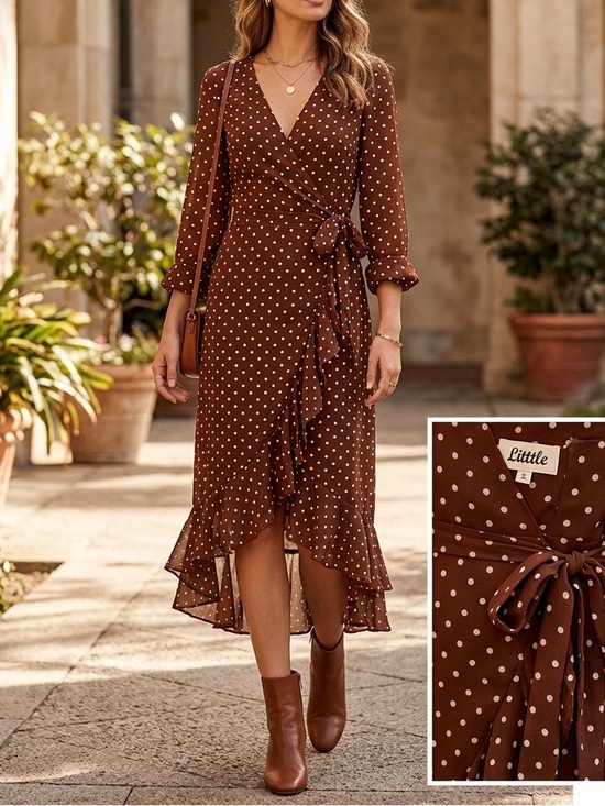 Listicle Dresses & Skirts - Listicle Terracotta Brown Polka Dot Ruffle Wrap Midi Dress Size Medium M🩷